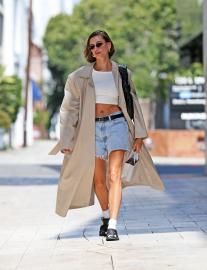 Hailey Bieber Steps Out in the Perfect Mid-Length Denim Shorts
