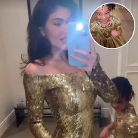 Kylie Jenner and Stormi Twin in Gold Dresses for Family Christmas Party