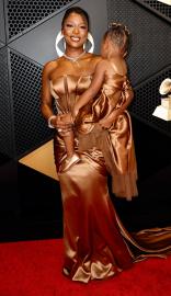 Victoria Monet and Daughter Hazel Match in Custom Versace Dresses at Grammys
