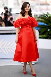 Selena Gomez Blossoms in Red Off-the-Shoulder Floral Dress at Cannes